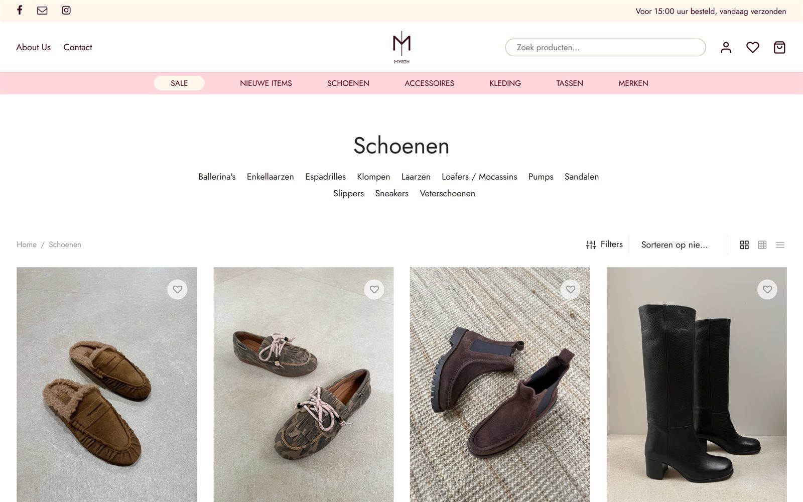 Categoriepagina schoenen met filters op de webshop