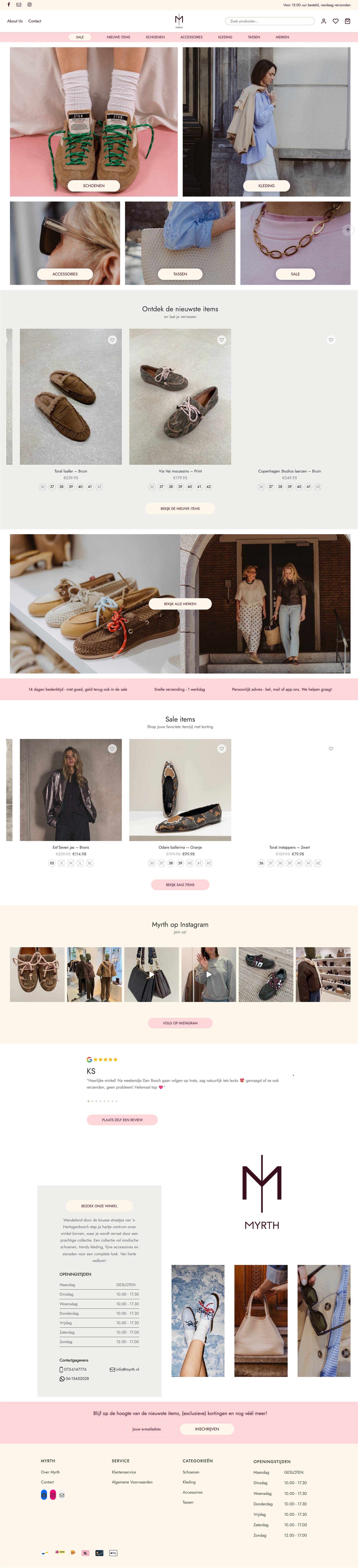 Volledige homepage van de webshop van Myrth