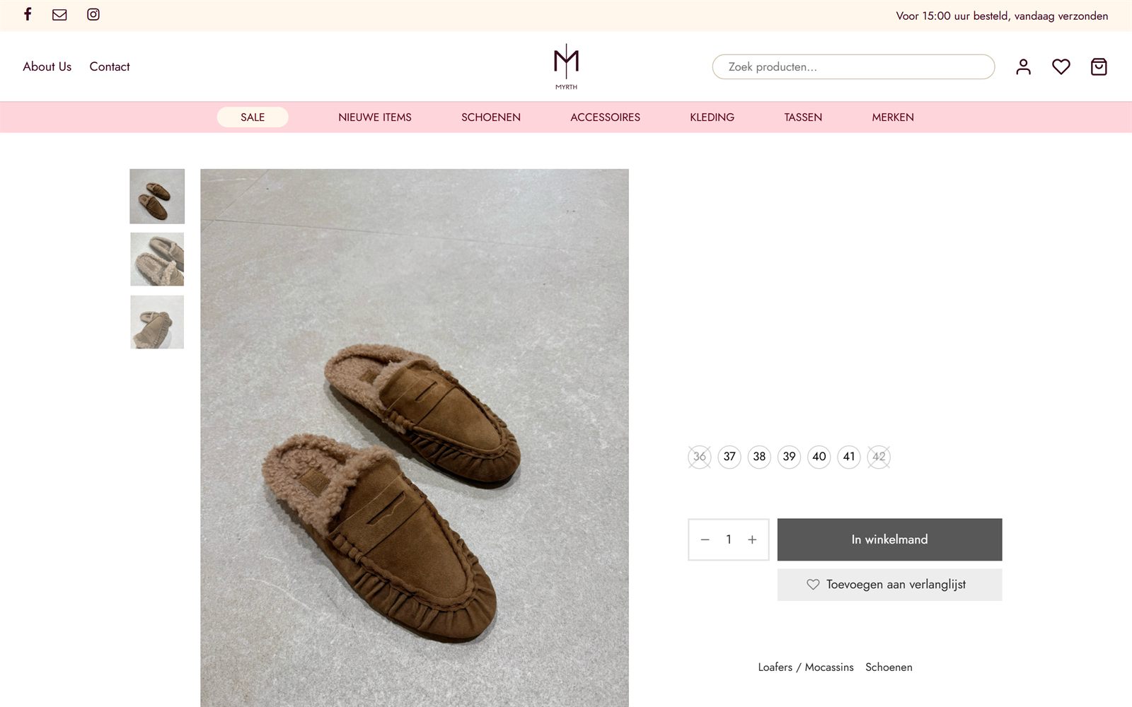 Productpagina met maatkeuze en verlanglijst op de webshop
